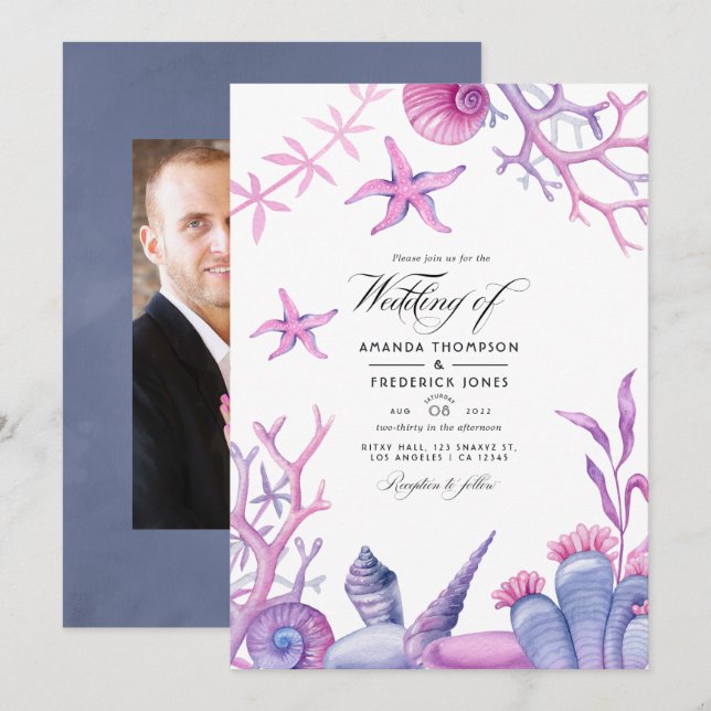 Convite de foto de casamento náutico com vida oceâ (Frente/Verso)