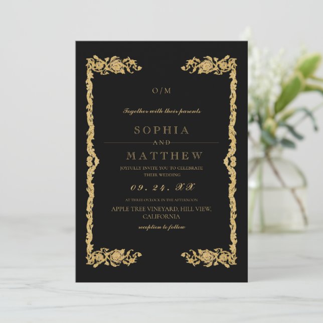 Convite de Foto de Casamento Preto Dourado (Em pé/Frente)
