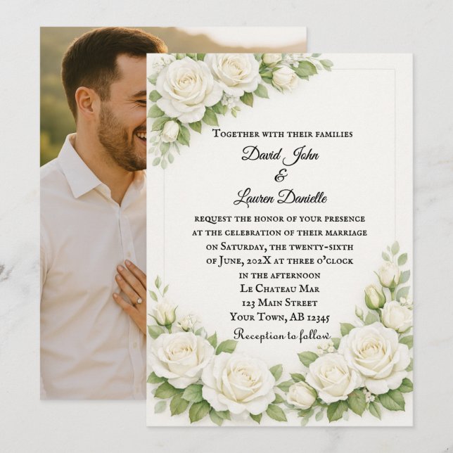 Convite de Foto de Casamento Requiem Rosa Branca (Frente/Verso)