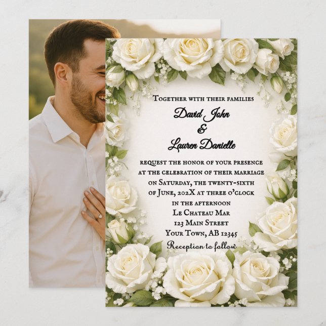 Convite de Foto de Casamento Rosa Branca (Frente/Verso)