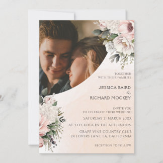 Convite de Foto de Casamento Rosa Floral Blush