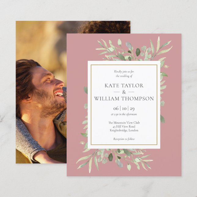 Convite de Foto de Casamento Rose Poento com Veget (Frente/Verso)