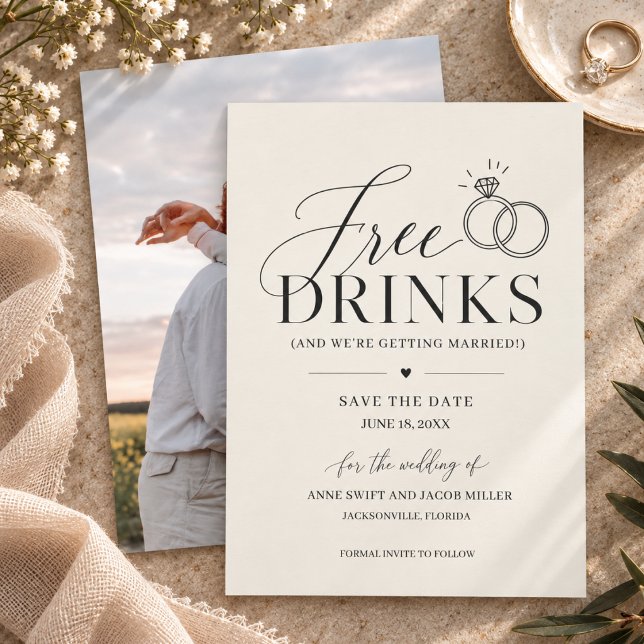 Convite de Foto de Casamento Sofisticado com Bebid (Free Drinks Elegant Wedding Photo Save the Date)