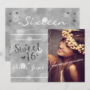 Convite de Foto de Festa Sweet 16 com Brilho Prata