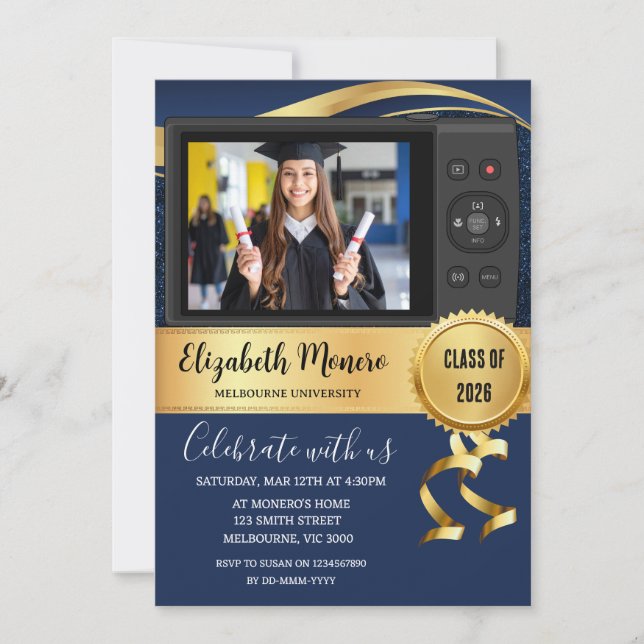 Convite de Foto de Formatura Azul Marinho (Frente)