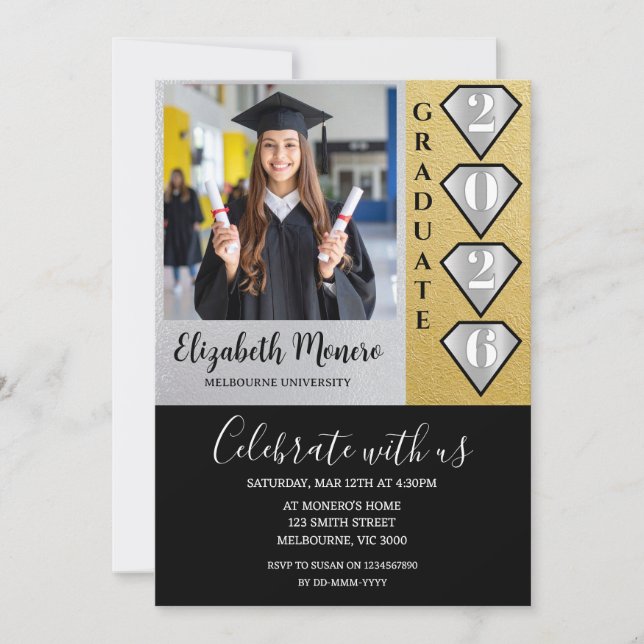 Convite de Foto de Formatura Black Gold Silver (Frente)