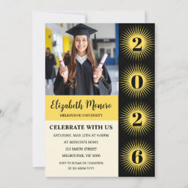 Convite de Foto de Formatura Black Yellow Sunburst