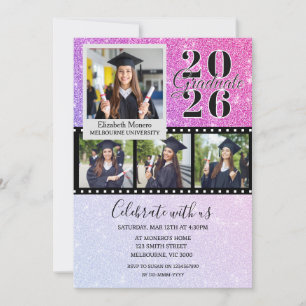 Convite de Foto de Formatura com Brilho Rosa