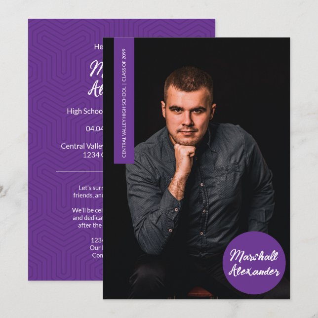 Convite de Foto de Formatura com Geométrico Roxo (Frente/Verso)