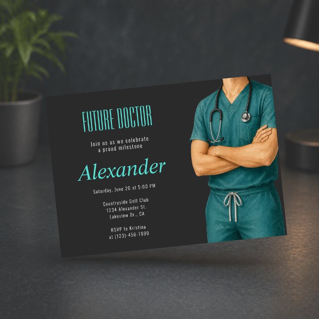 Convite de Foto de Formatura de Futuro Médico (Future doctor graduation invite, modern teal medical celebration design)