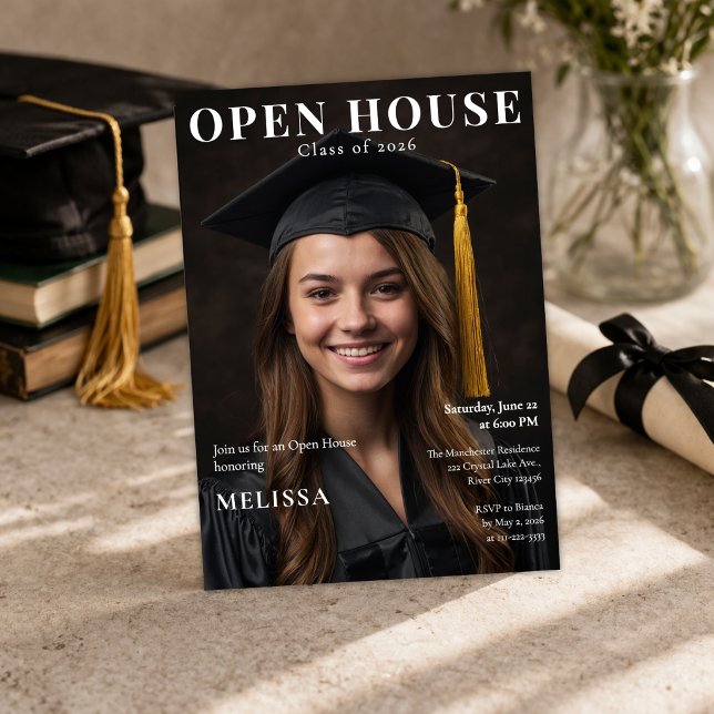 Convite de Foto de Formatura em Casa Aberta (Editable open house graduation invite with modern magazine style design)