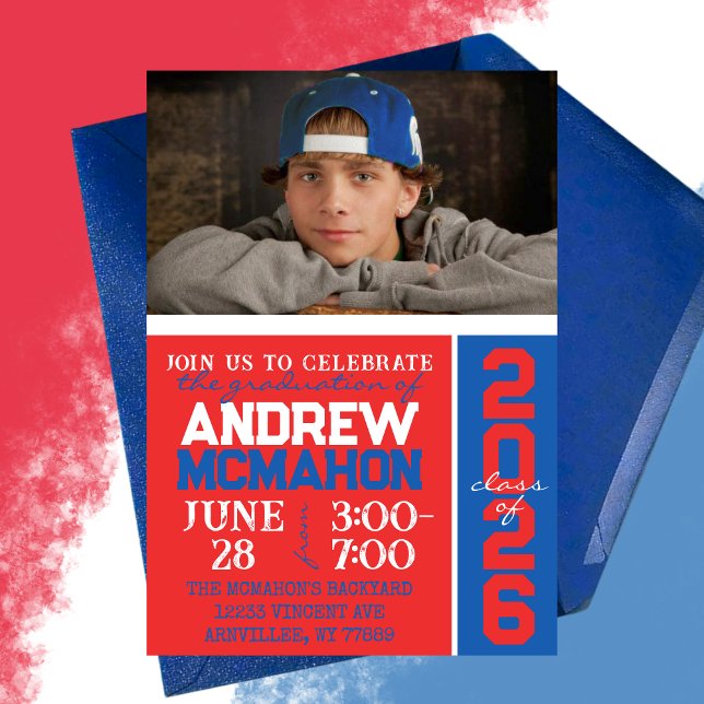 Convite de Foto de Formatura Vermelho e Azul (Unique Red and Blue 1 Photo Graduation Color Block Invitations)