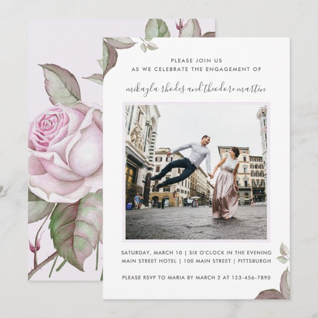 Convite de Foto de Noivado de Casamento de Rosas R (Frente/Verso)