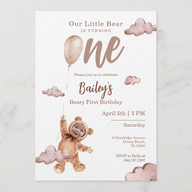 Convite de Foto de Primeiro Aniversário Beary (Frente)