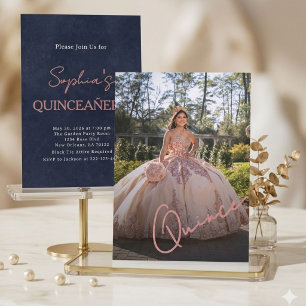 Convite de Foto de Quinceañera Rosa e Azul Marinho