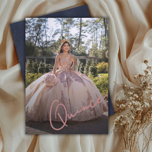 Convite de Foto de Quinceañera Rosa e Azul-Marinho