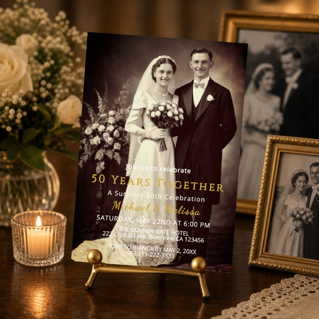 Convite de Foto de Surpresa de 50º Aniversário (Elegant 50 years together invitation with vintage photo and gold details)
