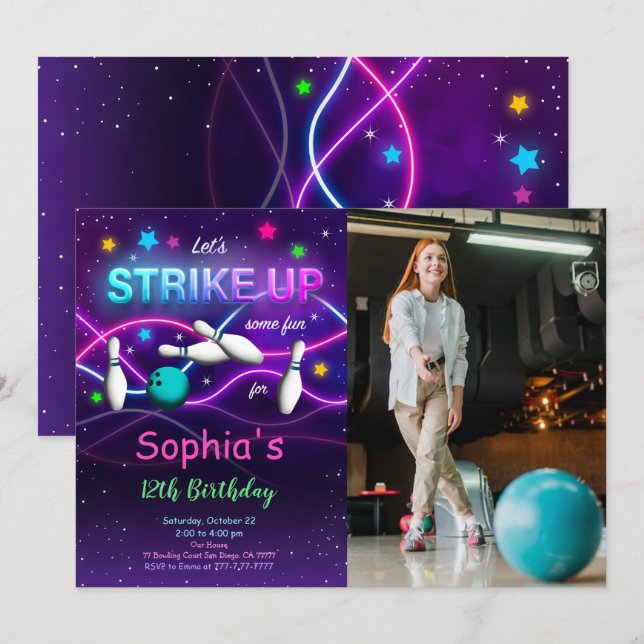 Convite de Foto Editável de Boliche (Frente/Verso)