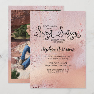 Convite de Foto Elegante Sweet 16 em Dourado Rosa