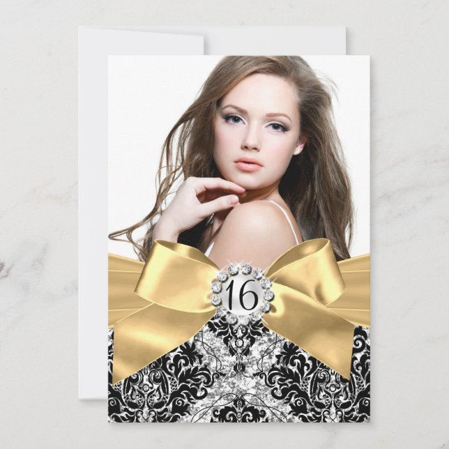 Convite de Foto Glitter Damask & Arco Dourado para (Frente)