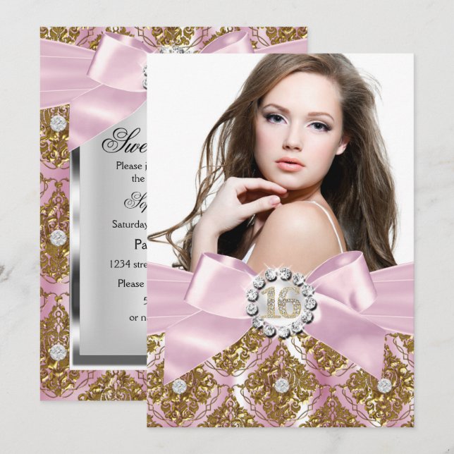 Convite de Foto Gold Jewel Damask & Pink Bow Sweet (Frente/Verso)