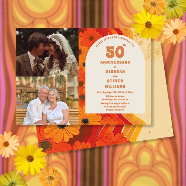 Convite de Foto para Aniversário de 50 Anos de Cas (1970s 50th Wedding Anniversary 2 Photo Invitation)