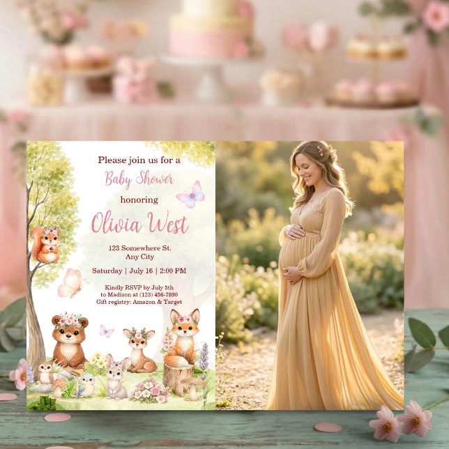 Convite de Foto para Chá de Bebê Menina Floresta A (Woodland Girl Baby Shower Forest Animals Photo Invitation)