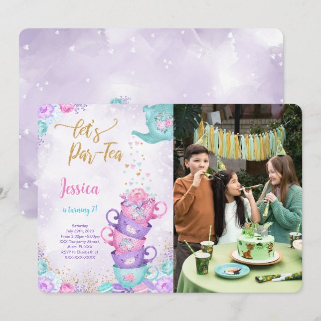 Convite de Foto para Chá de Bebê Roxo e Rosa (Frente/Verso)