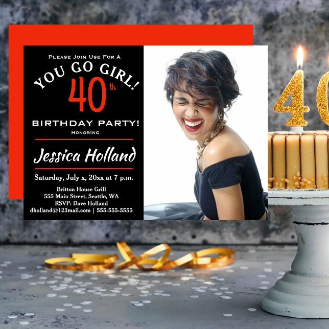 Convite de Foto para Festa de Aniversário de 40 an (40th YOU GO GIRL! Birthday Party Photo Invitation)