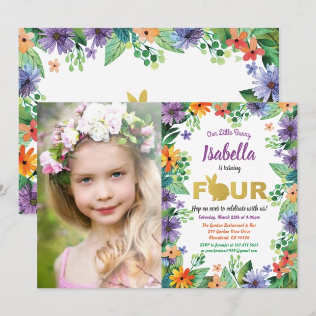 Convite de foto para festa de aniversário de 4 ano (Frente/Verso)