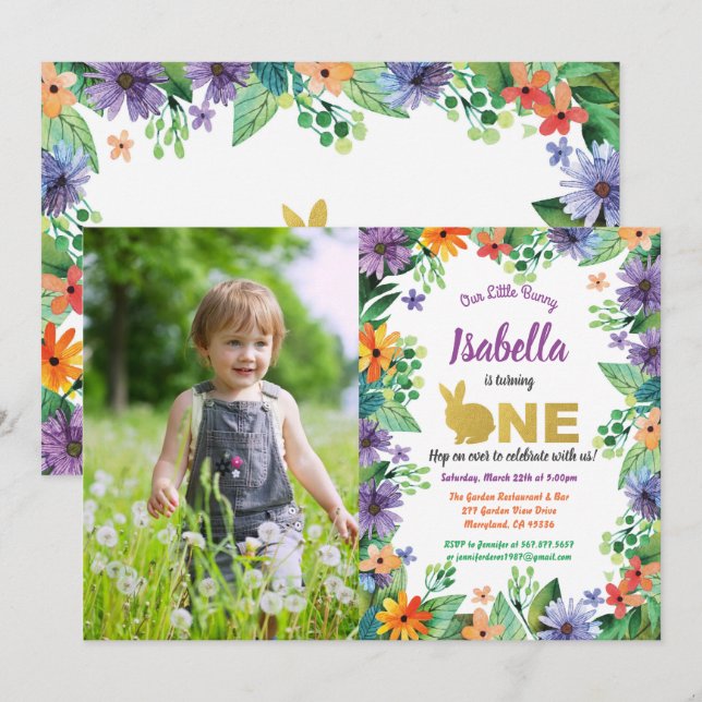 Convite de foto para festa de primeiro aniversário (Frente/Verso)