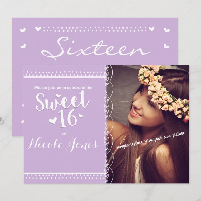Convite de Foto para Festa Roxo Lavanda SWEET 16 (Frente/Verso)