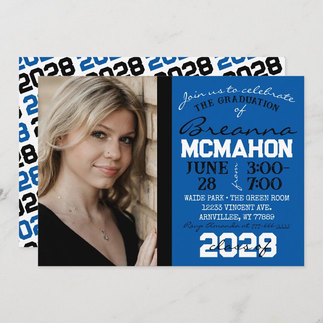 Convite de Foto para Graduação Azul, Preto e Branc (Repeating Class Year 1 & 2 Photo Graduation Invitations & Announcements)