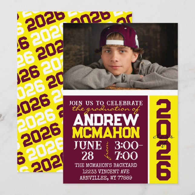 Convite De Foto Para Graduação Burgundy E Yellow (Frente/Verso)