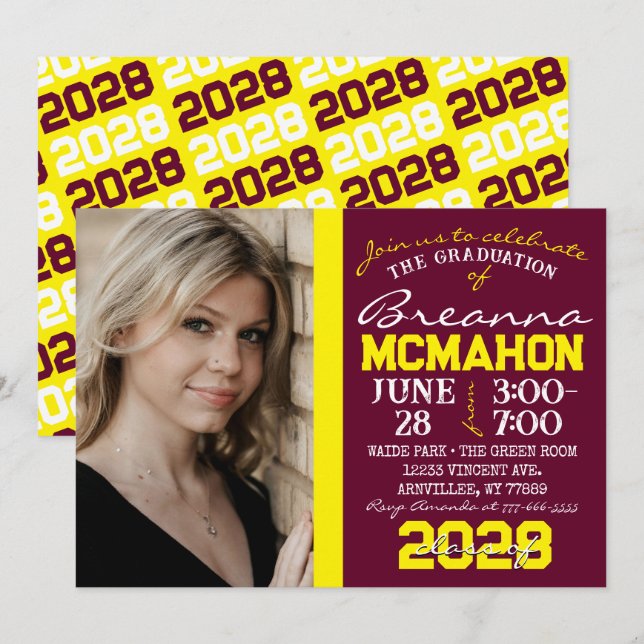Convite De Foto Para Graduação Burgundy E Yellow (Frente/Verso)