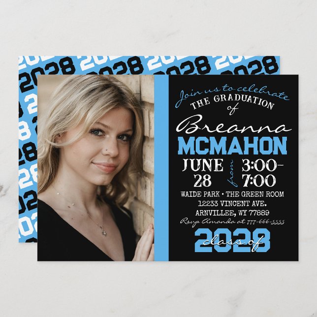 Convite de Foto para Graduação de Azul e Preto par (Repeating Class Year 1 & 2 Photo Graduation Invitations & Announcements)