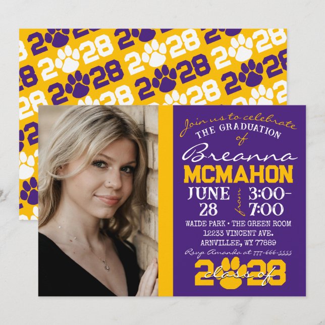 Convite de Foto para Graduação Pawprint Roxo e Dou (Frente/Verso)