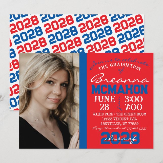 Convite de Foto para Graduação Vermelha e Azul (Frente/Verso)