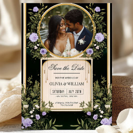 Convite de Foto para Salvar a Data com Floral Roxo