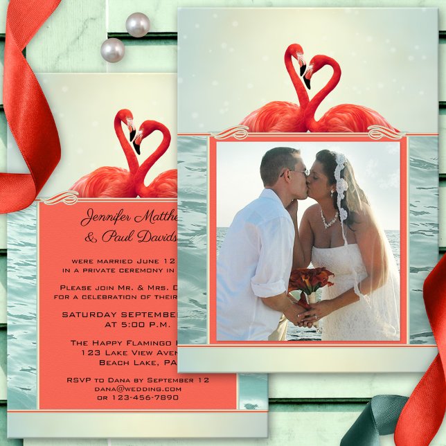 Convite de Foto Pós-Casamento ou Após o Casamento  (Wedding photo reception only or after wedding invitation featuring two flamingos on an ocean)