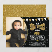 Convite de Foto Preto e Dourado Little Man