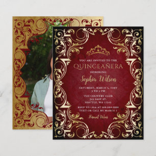 Convite de Foto Quinceañera Coroa de Ouro Vermelho
