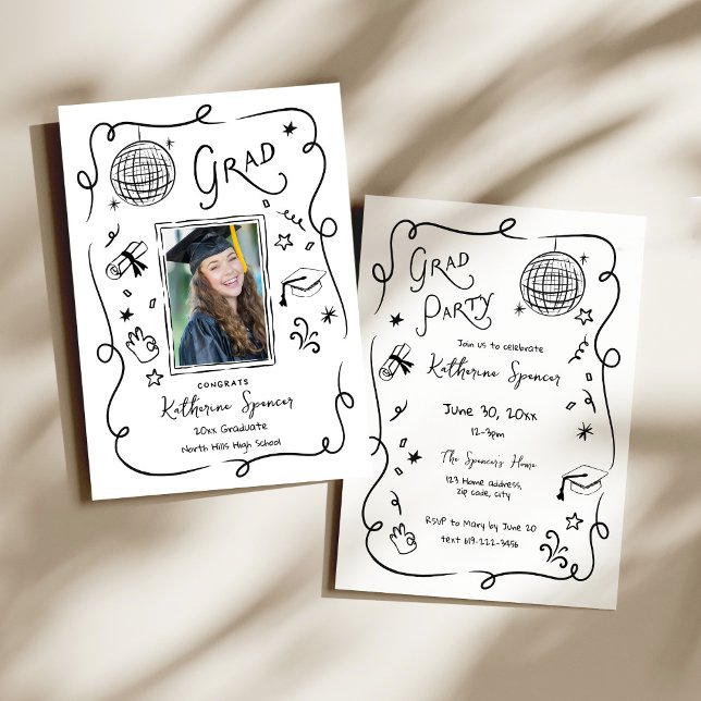 Convite de Foto Rascunho para Festa de Formatura C (Whimsical Doodle Hand drawn Grad Party Photo Doodle Invitation)