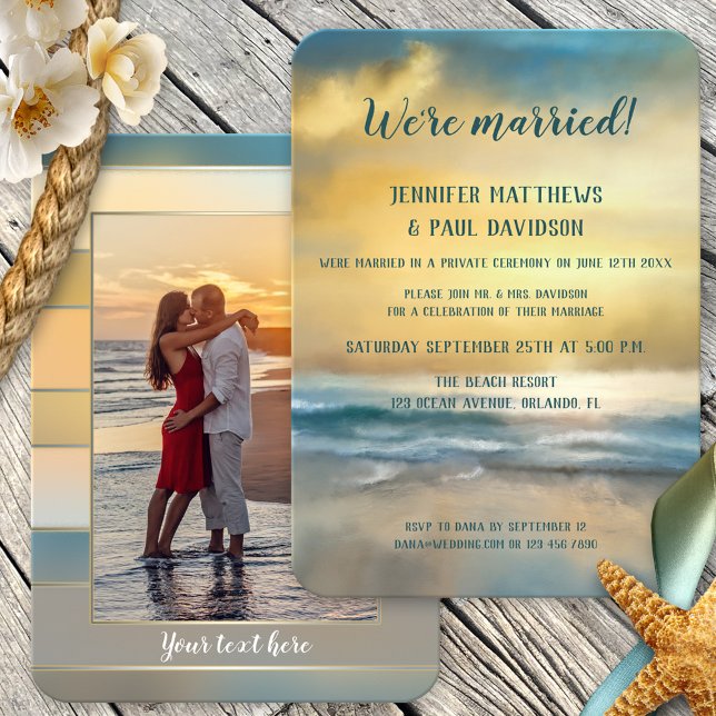 Convite de Foto Recepção de Casamento ao Pôr do So (Wedding reception only, post or after wedding invitation featuring a painting of a beach at sunset)