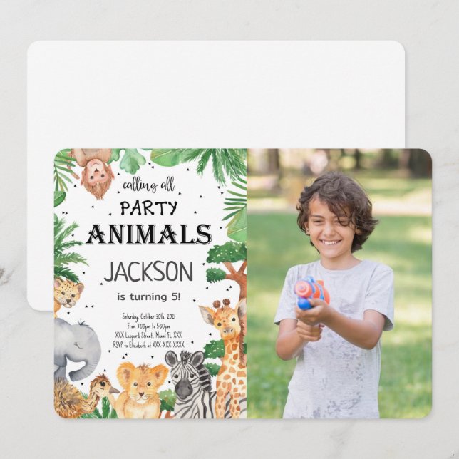 Convite de Foto Safari de Animais Editável (Frente/Verso)