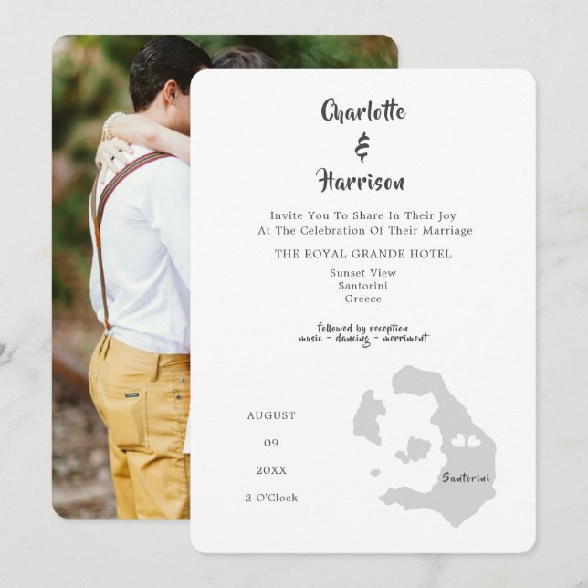 Convite de Foto Santorini de Destino de Casamento (Frente/Verso)