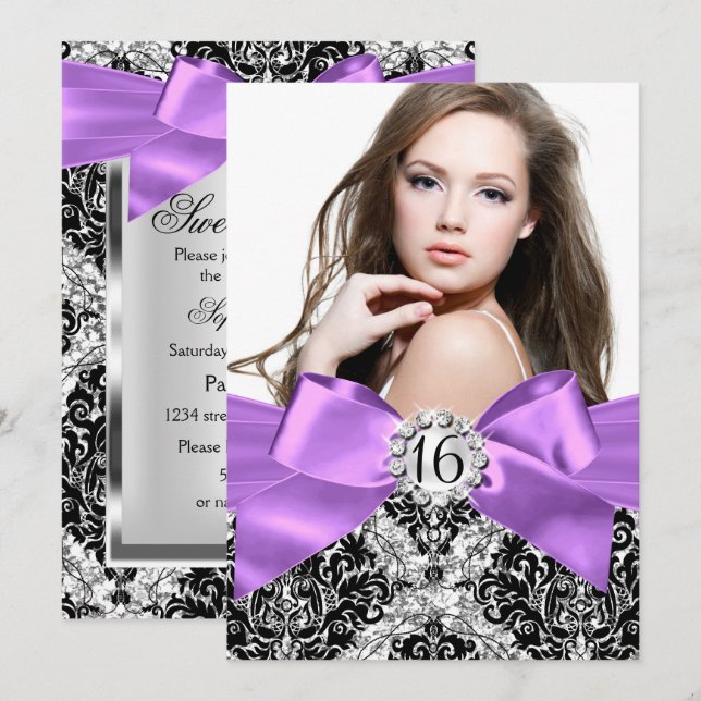 Convite de Foto Sweet 16 Glitter Damask & Laço Rox (Frente/Verso)