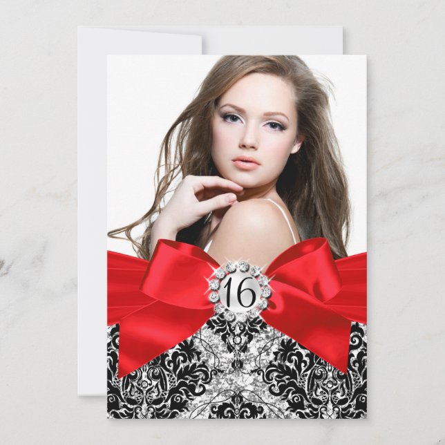 Convite de Foto Sweet 16 Glitter Damask & Laço Ver (Frente)