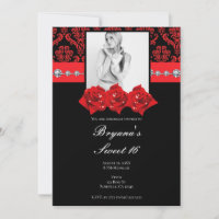Convite de Foto Sweet 16 Rosas Vermelhas Pretas Da
