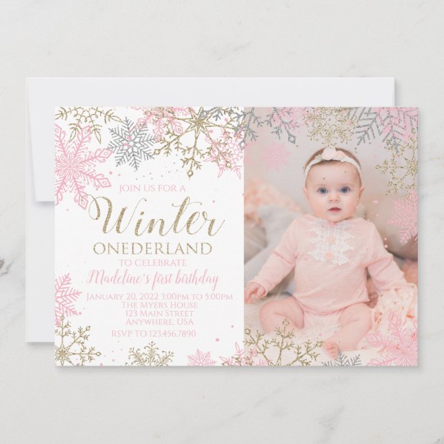 Convite de Foto Winter ONEderland Floco de Neve (Frente)